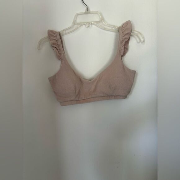 Bar III tan 82% cotton terry ruffle sleeve crop top size small - Picture 1 of 8